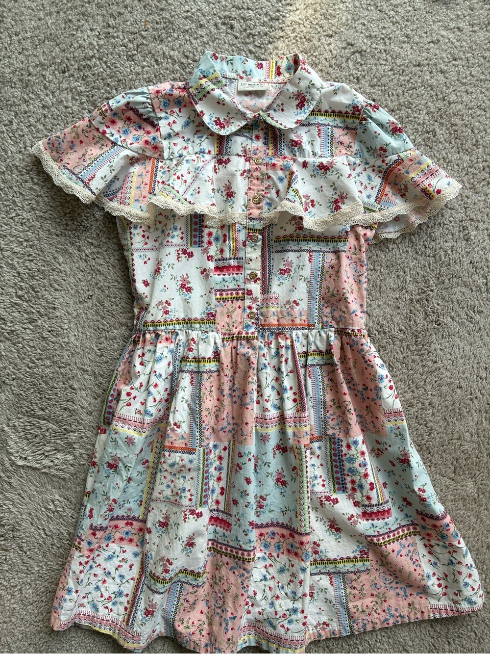 LC  Waikiki Vintage-Inspired Floral Patchwork Ruffle Dress for Girls Pink & Mint